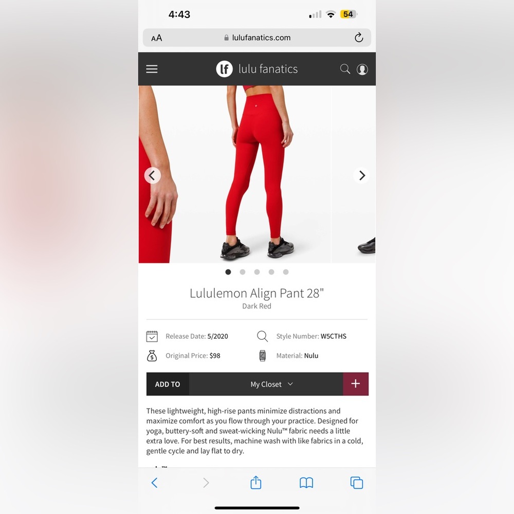 Lululemon Align Pant 28" Dark Red